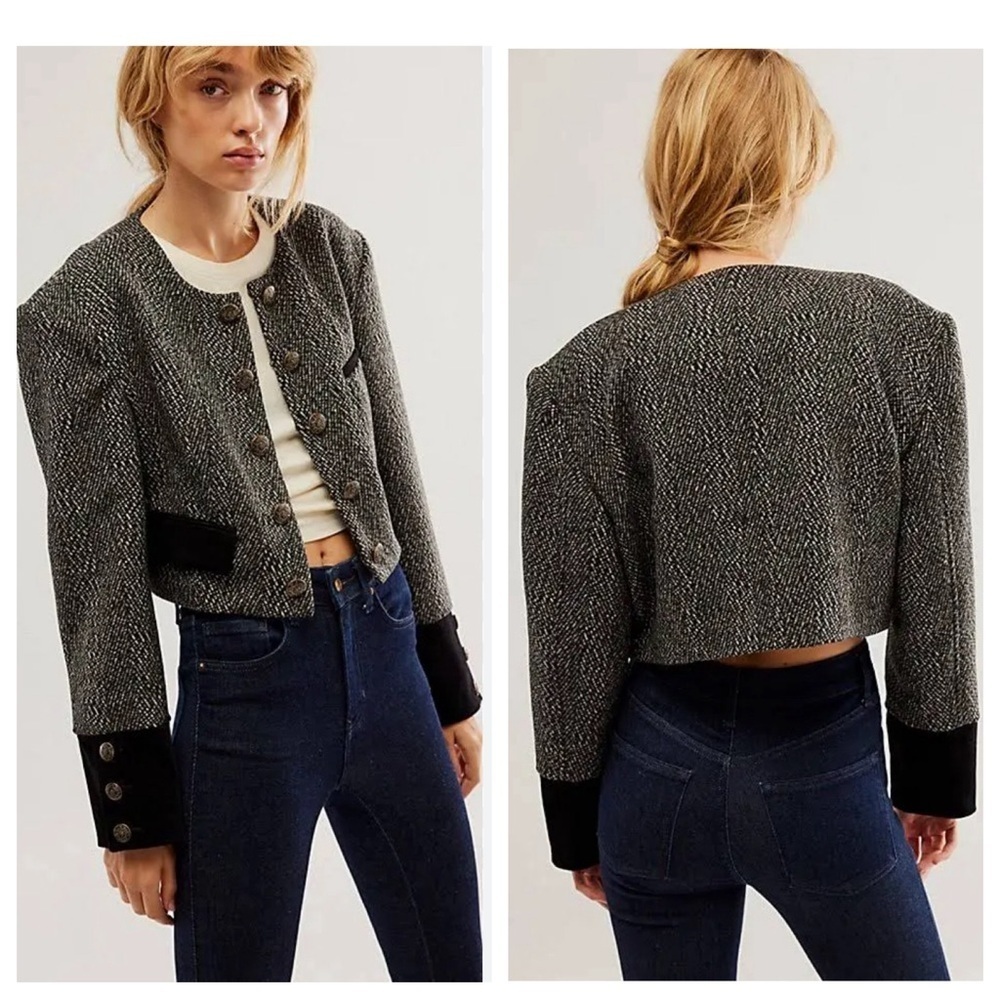 Free People Tweed Emily Jacket sz: S Black Cropped Military Coat Velvet Cuffs - Picture 3 of 10